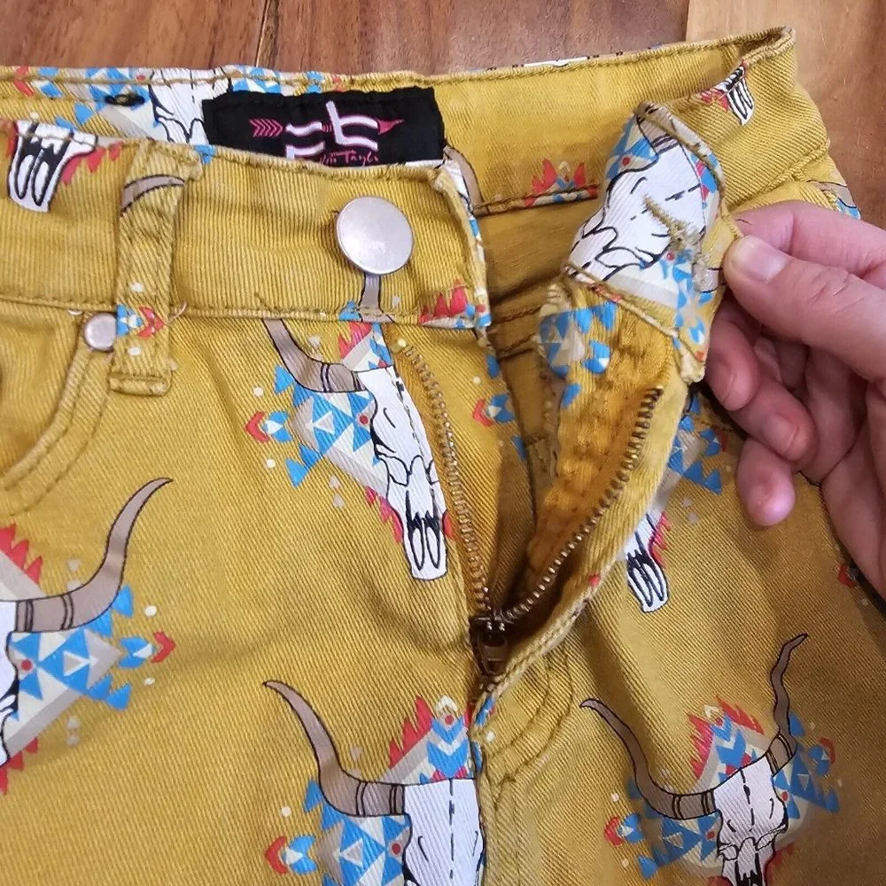 Fallon Taylor Western Steer Skull Jeans Bootcut Flare Mustard‎ Yellow 27 X 32